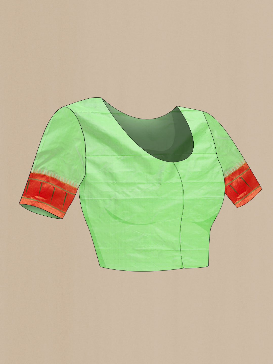 Close up image of the blouse of Pista Green Paithani Silk Saree with Zari Butta on the body and Paithani Border. 
