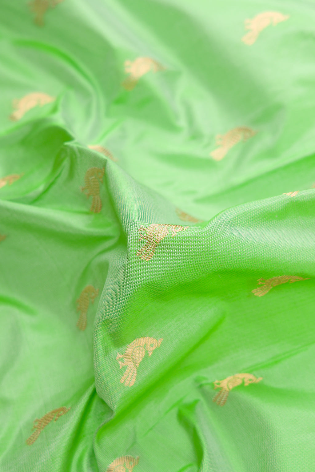 Close up of Pista Green Paithani Silk Saree with Zari Butta on the body and Paithani Border.  displaying folds