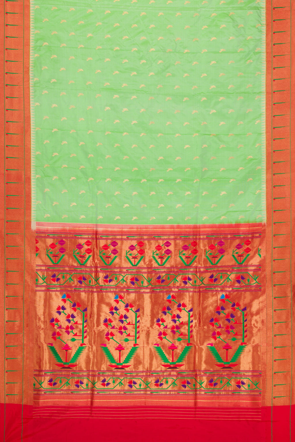 Flat view of Pista Green Paithani Silk Saree with Zari Butta on the body and Paithani Border. 