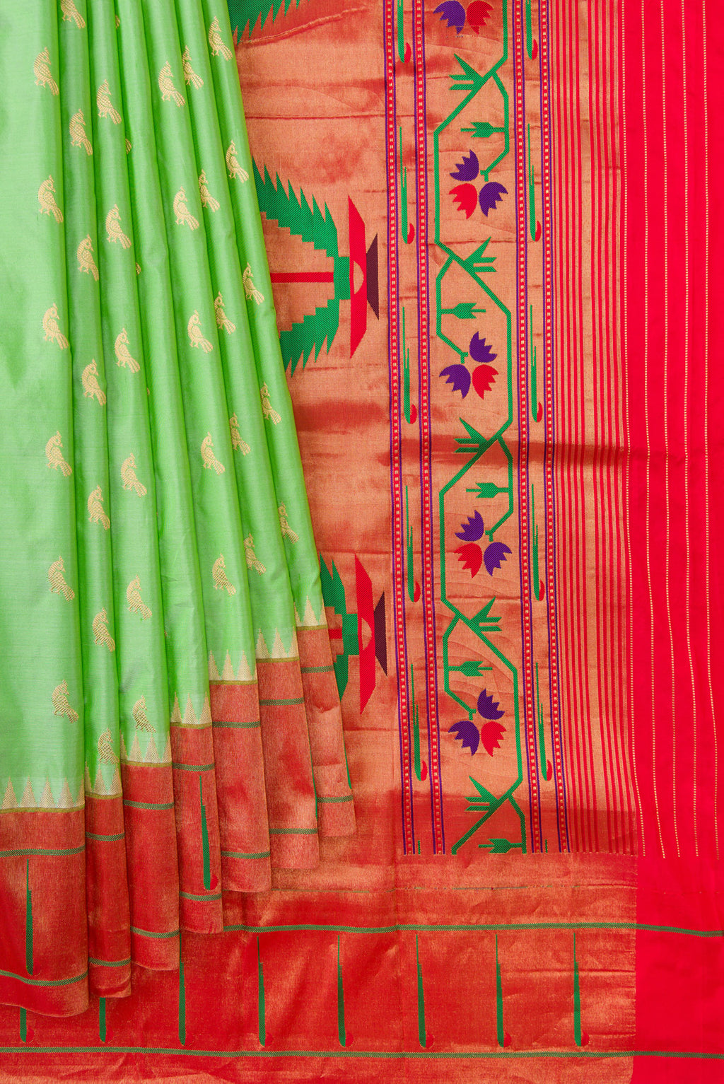 Pleats and pallu of Pista Green Paithani Silk Saree with Zari Butta on the body and Paithani Border. 