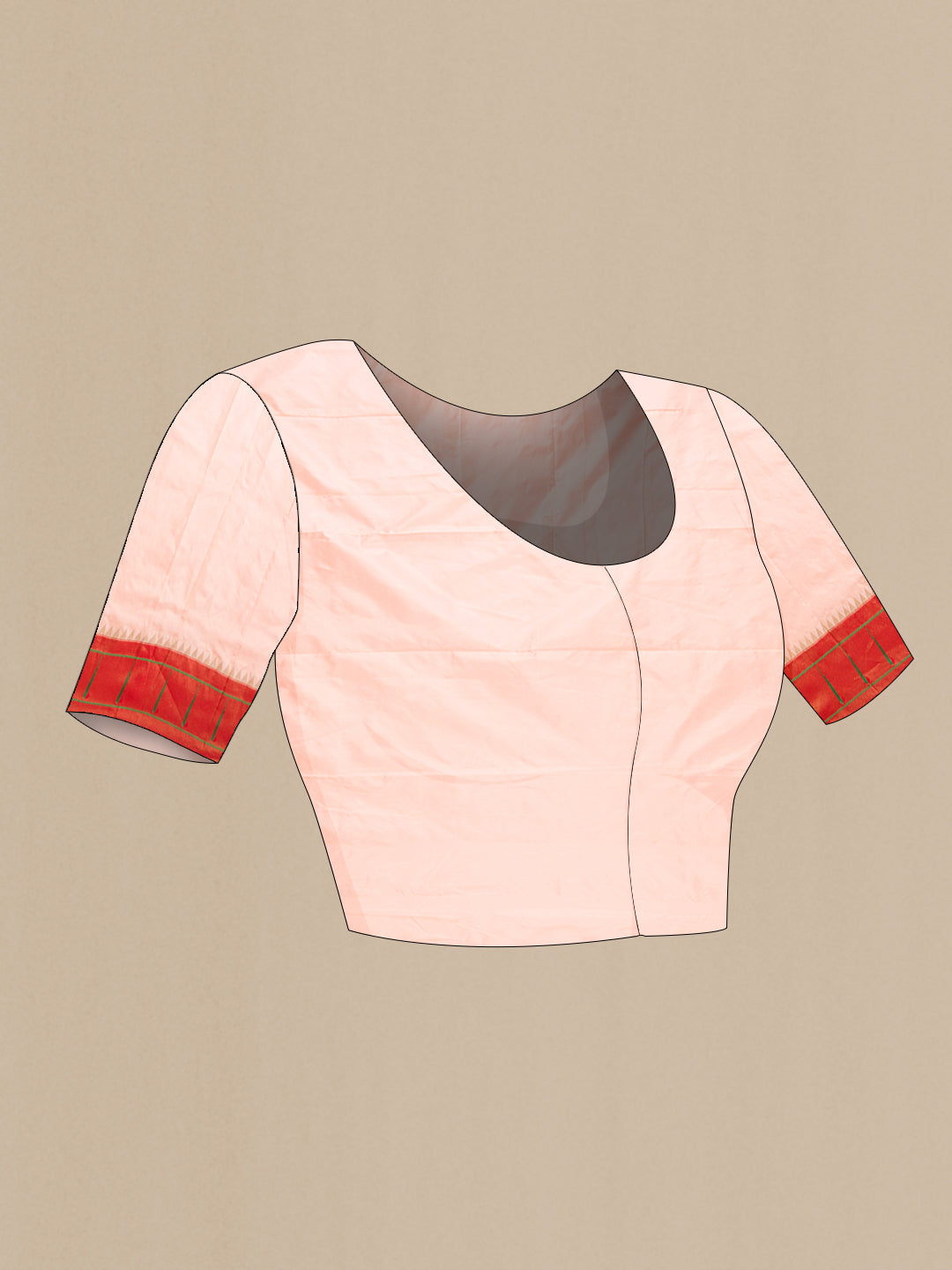 Close up image of the blouse of Peach Paithani Silk Saree with Zari Butta on the body and Paithani Border. 