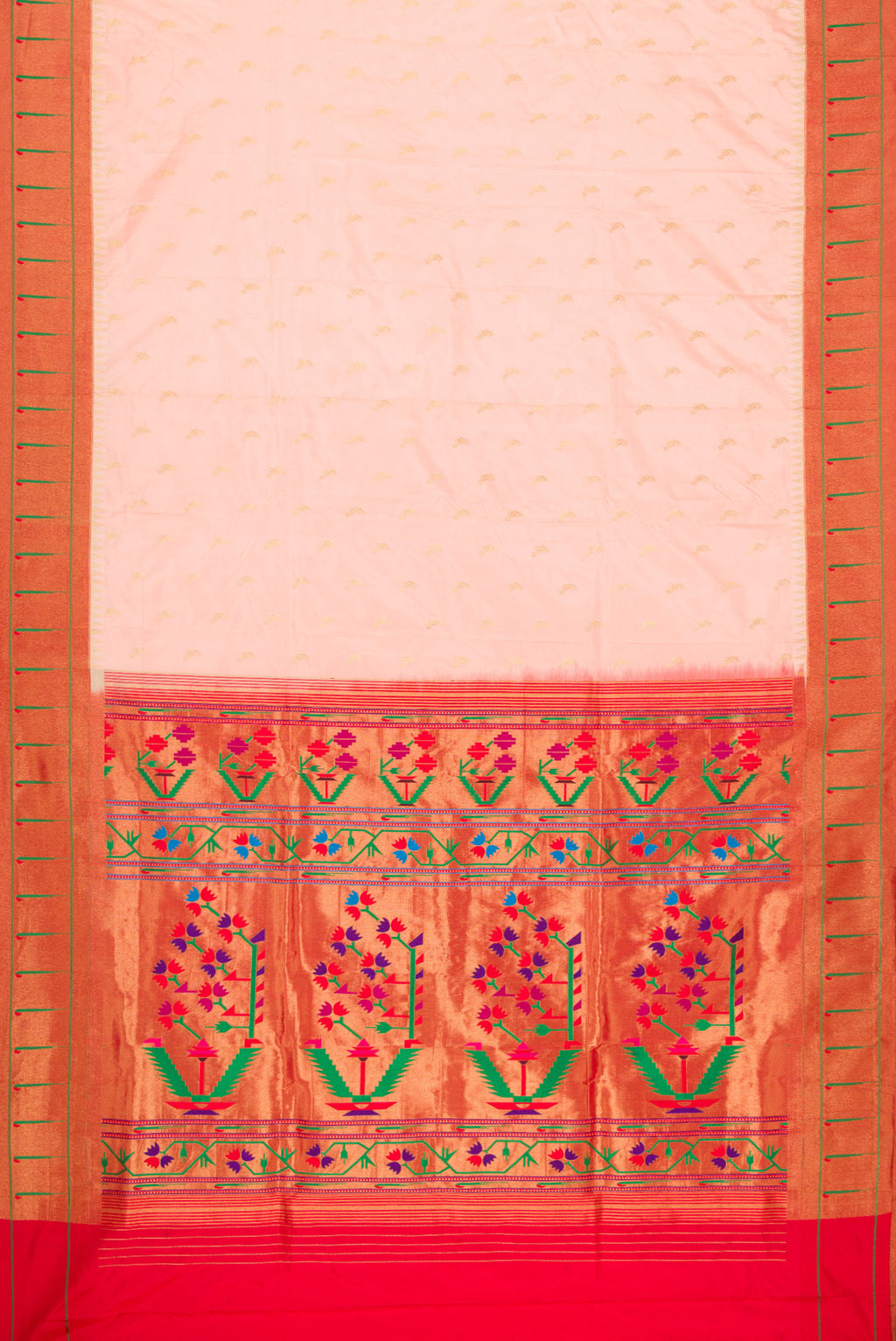 Flat view of Peach Paithani Silk Saree with Zari Butta on the body and Paithani Border. 