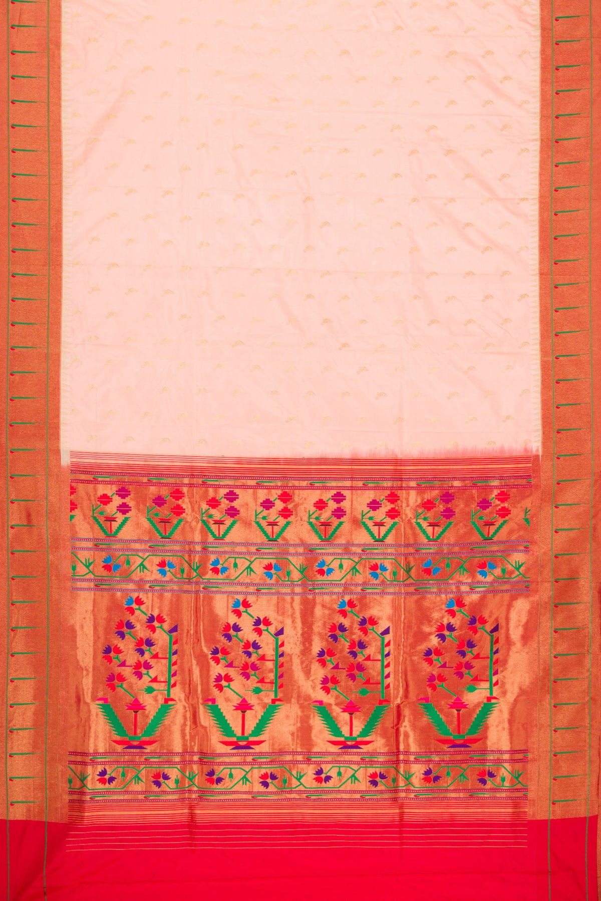 Flat view of Peach Paithani Silk Saree with Zari Butta on the body and Paithani Border. 