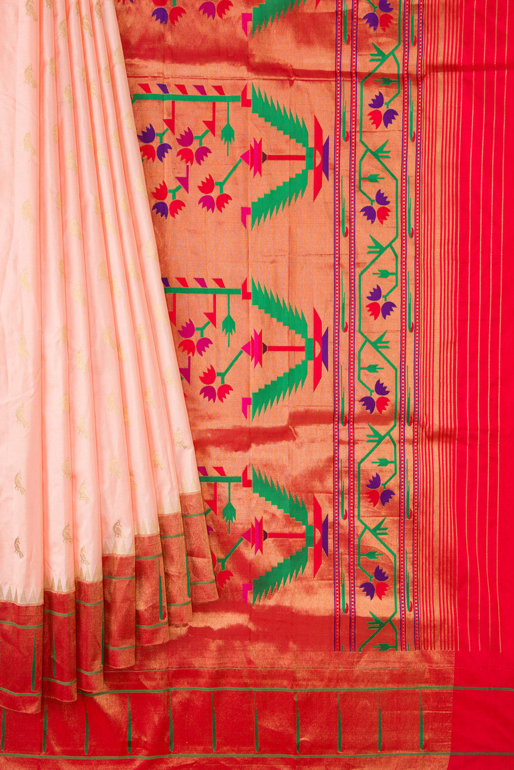 Pleats and pallu of Peach Paithani Silk Saree with Zari Butta on the body and Paithani Border. 