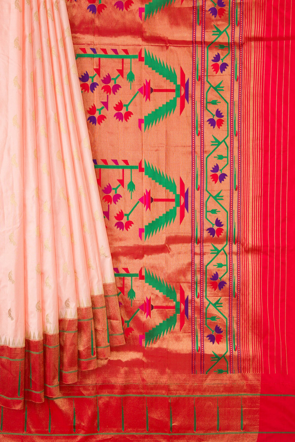 Pleats and pallu of Peach Paithani Silk Saree with Zari Butta on the body and Paithani Border. 