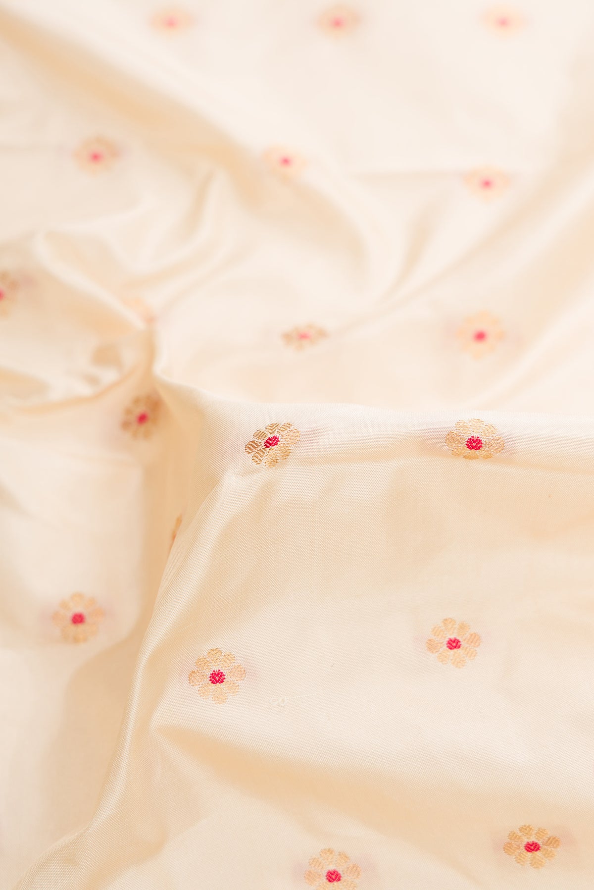 Close up of Cream Paithani Silk Saree with Zari Butta on the body and Paithani Border.  displaying folds
