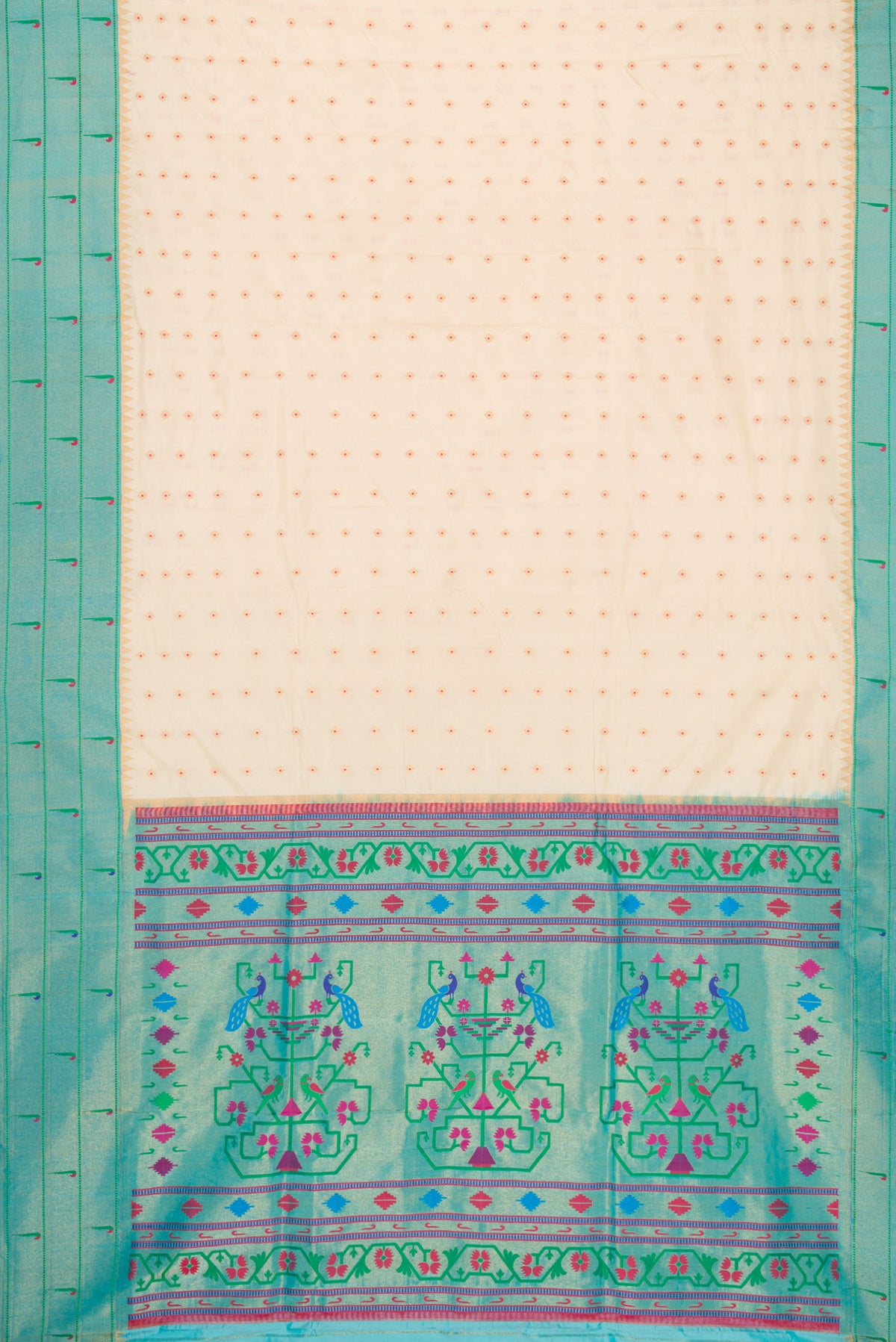 Flat view of Cream Paithani Silk Saree with Zari Butta on the body and Paithani Border. 