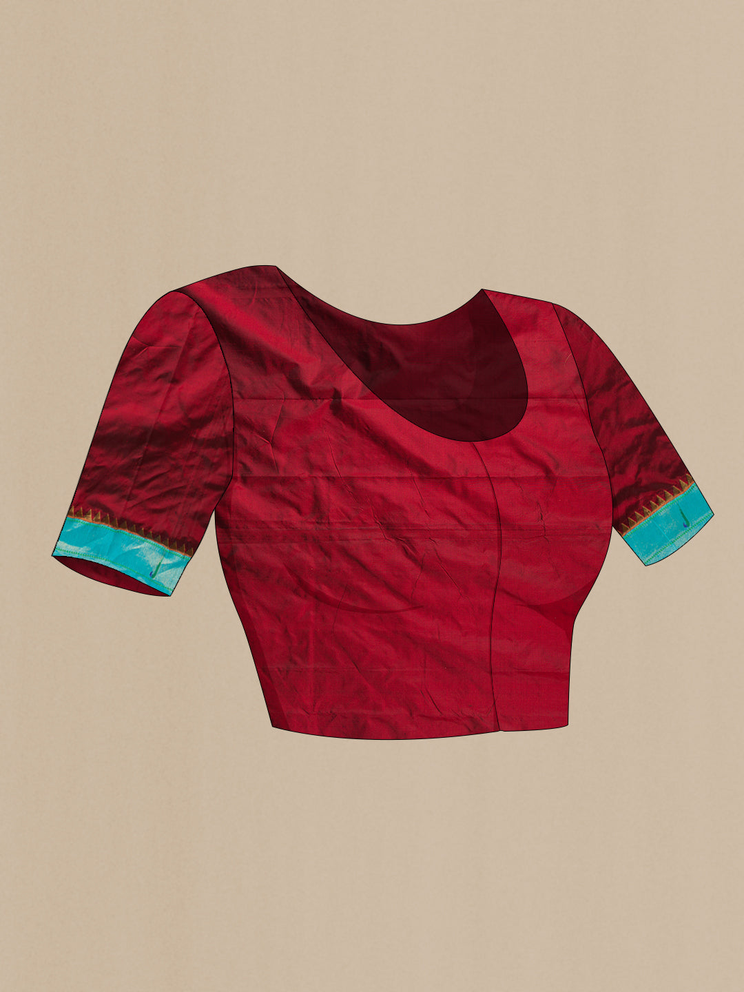 Close up image of the blouse of Maroon Paithani Silk Saree with Zari Butta on the body and Paithani Border. 