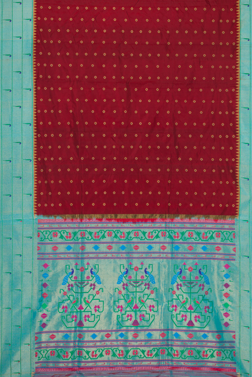 Flat view of Maroon Paithani Silk Saree with Zari Butta on the body and Paithani Border. 