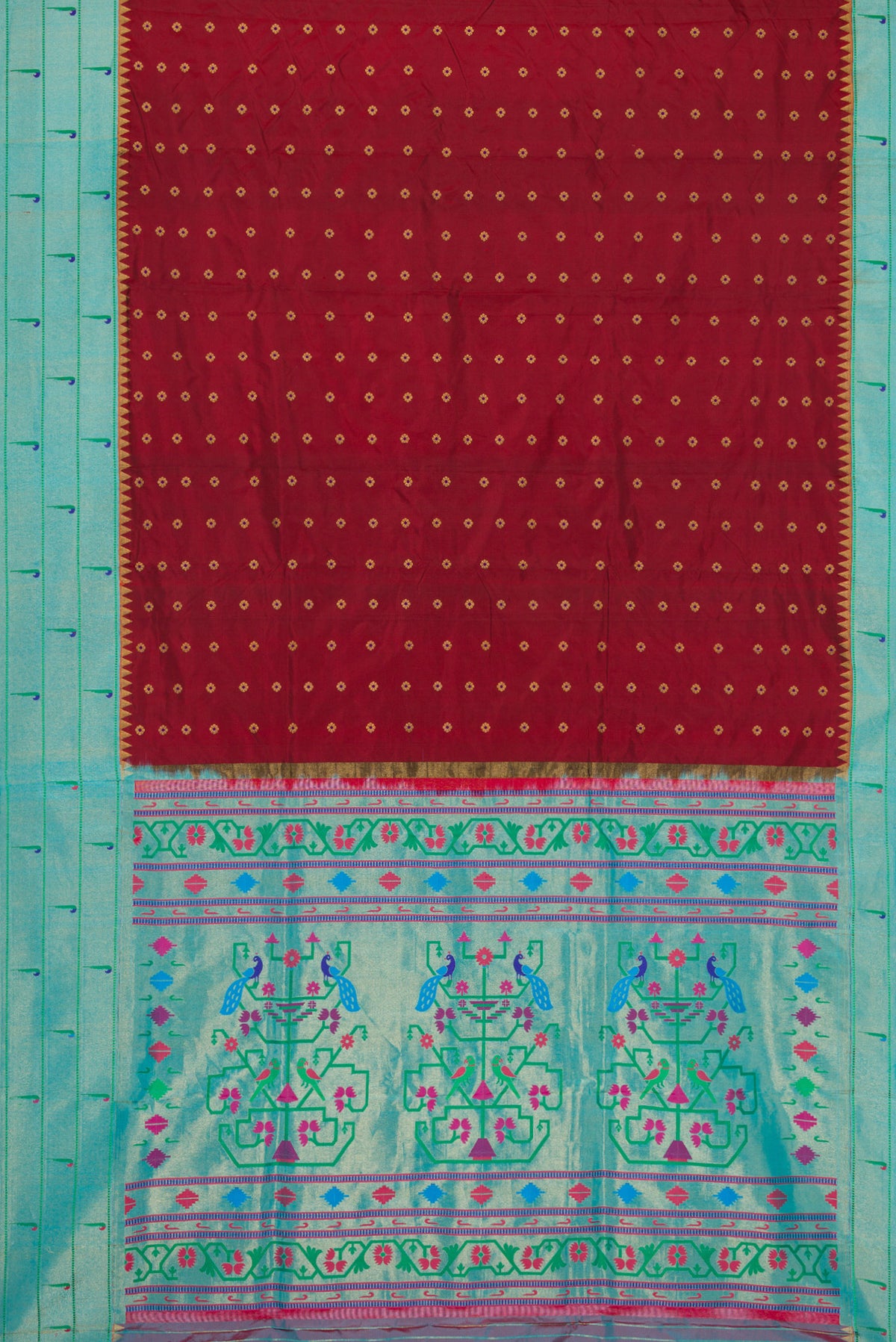 Flat view of Maroon Paithani Silk Saree with Zari Butta on the body and Paithani Border. 