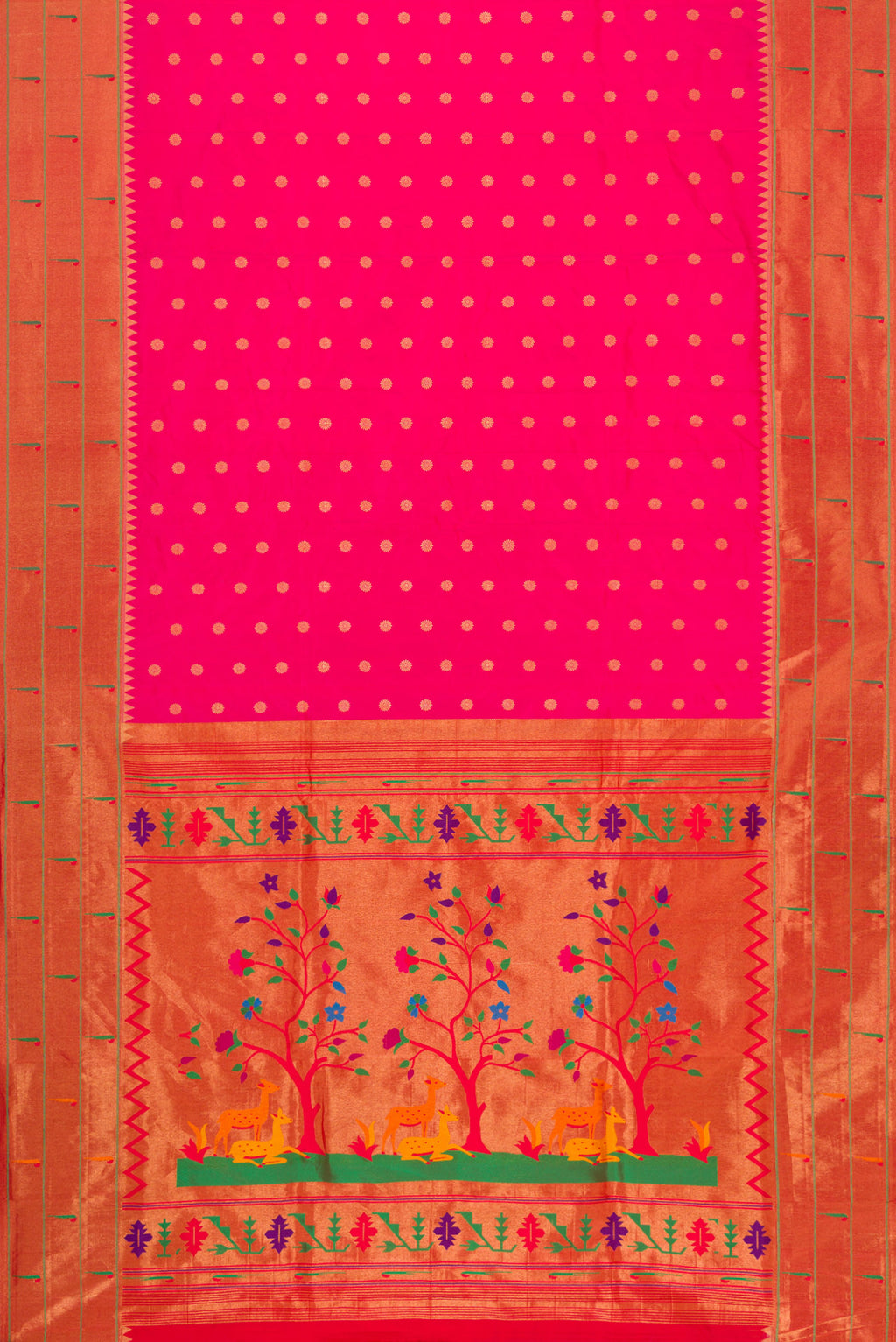 Flat view of Pink Paithani Silk Saree with Zari Butta on the body and Paithani Border. 
