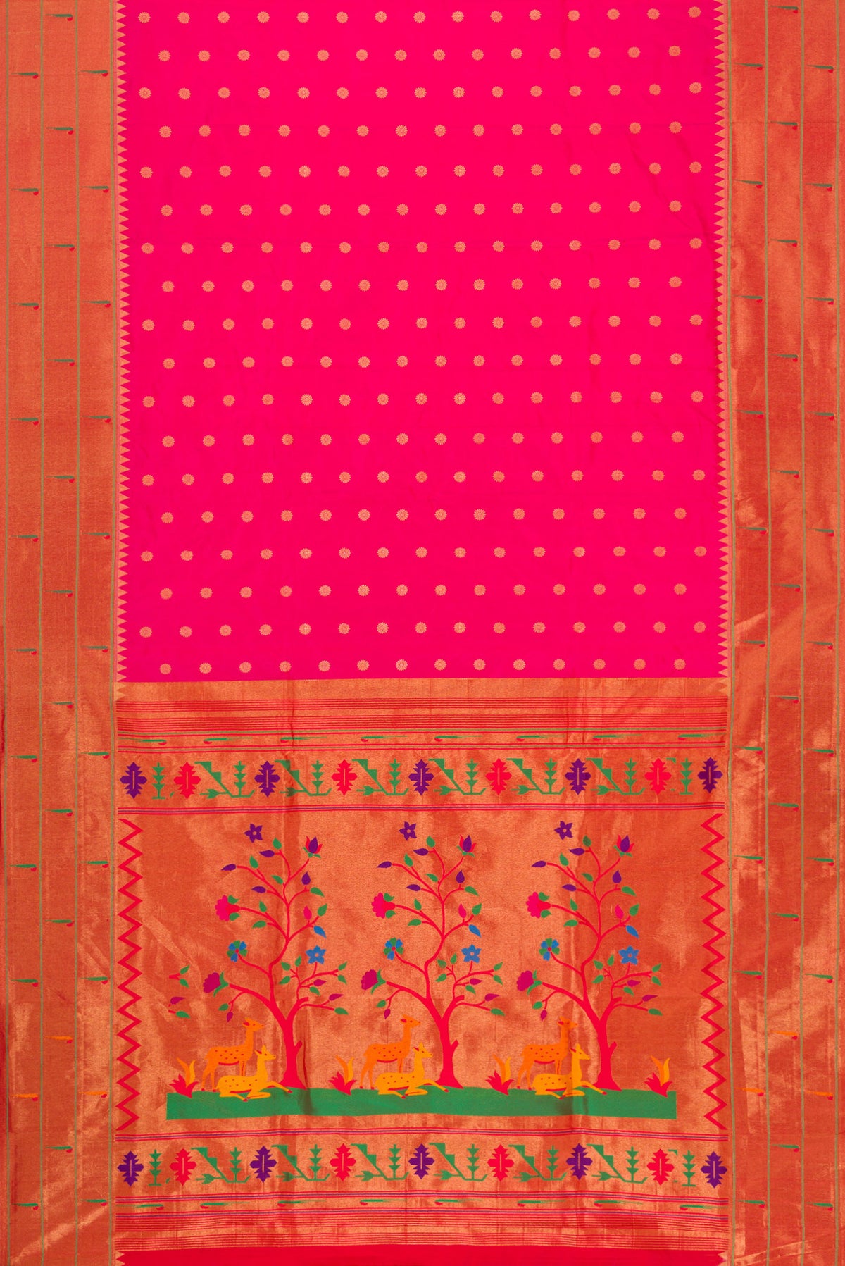 Flat view of Pink Paithani Silk Saree with Zari Butta on the body and Paithani Border. 