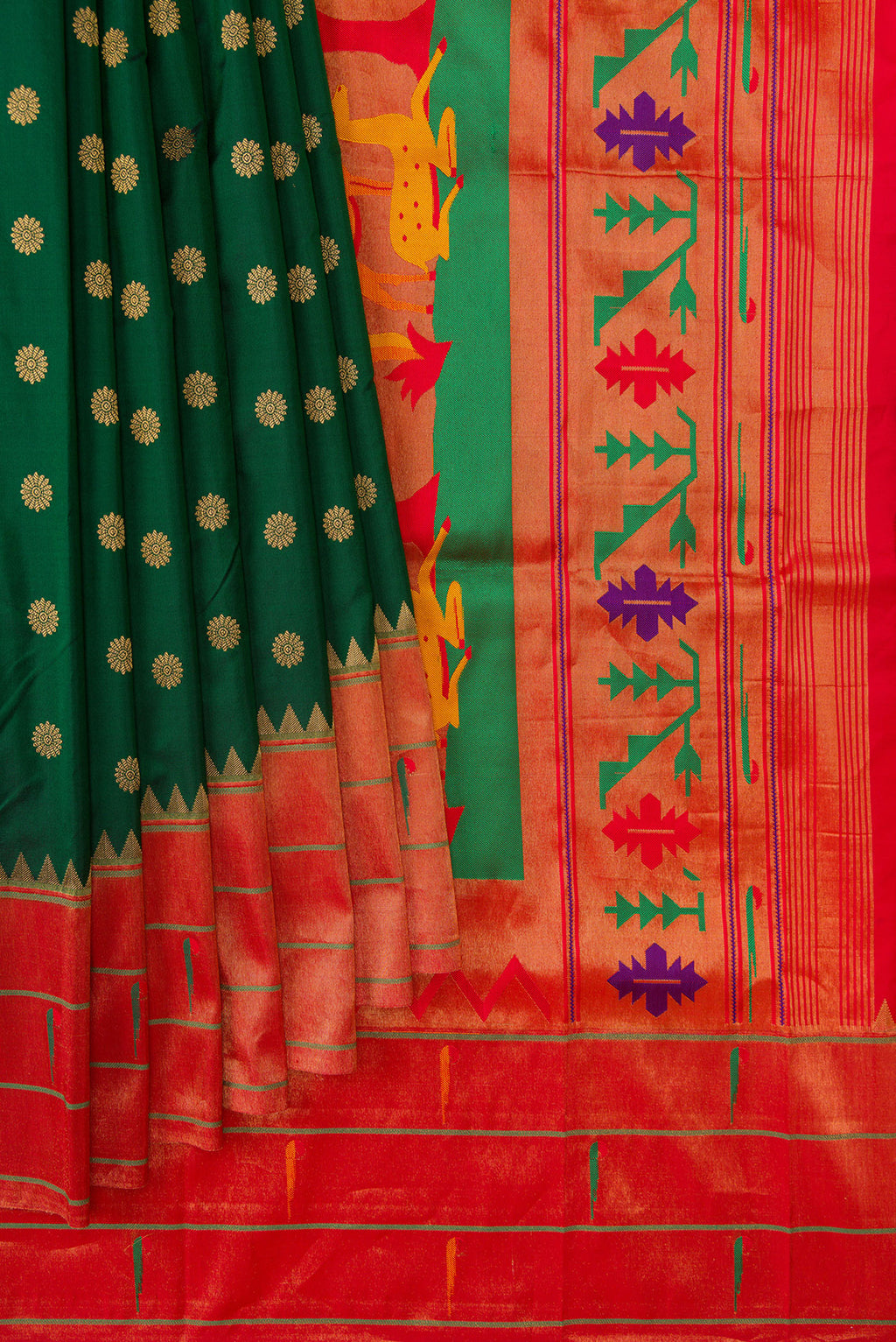 Pleats and pallu of Bottle Green Paithani Silk Saree with Zari Butta on the body and Paithani Border. 