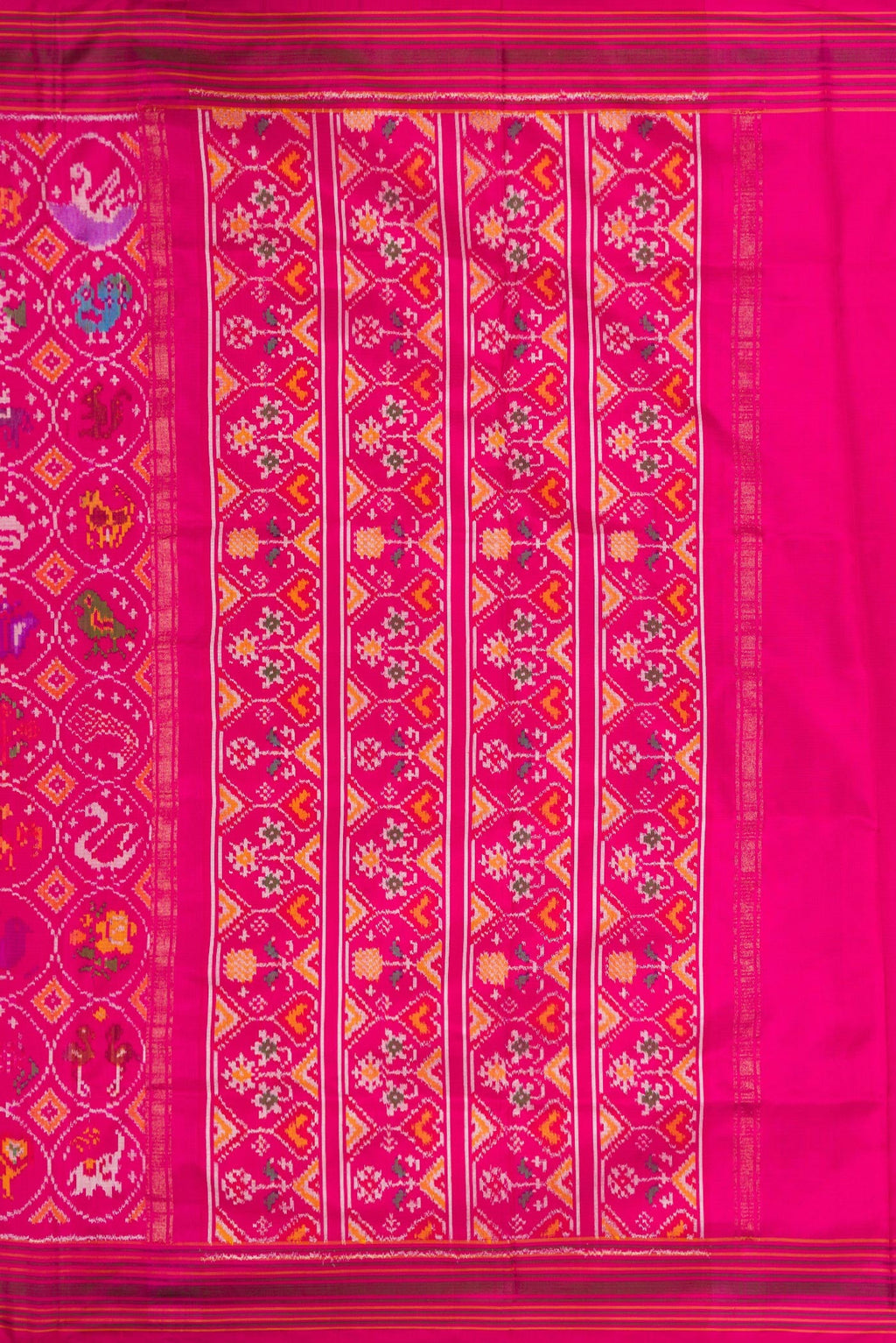 Close up image of the pallu of Pink Dual Tone Double Ikat Saree with Ikat Print on the body and Ikat Border. 