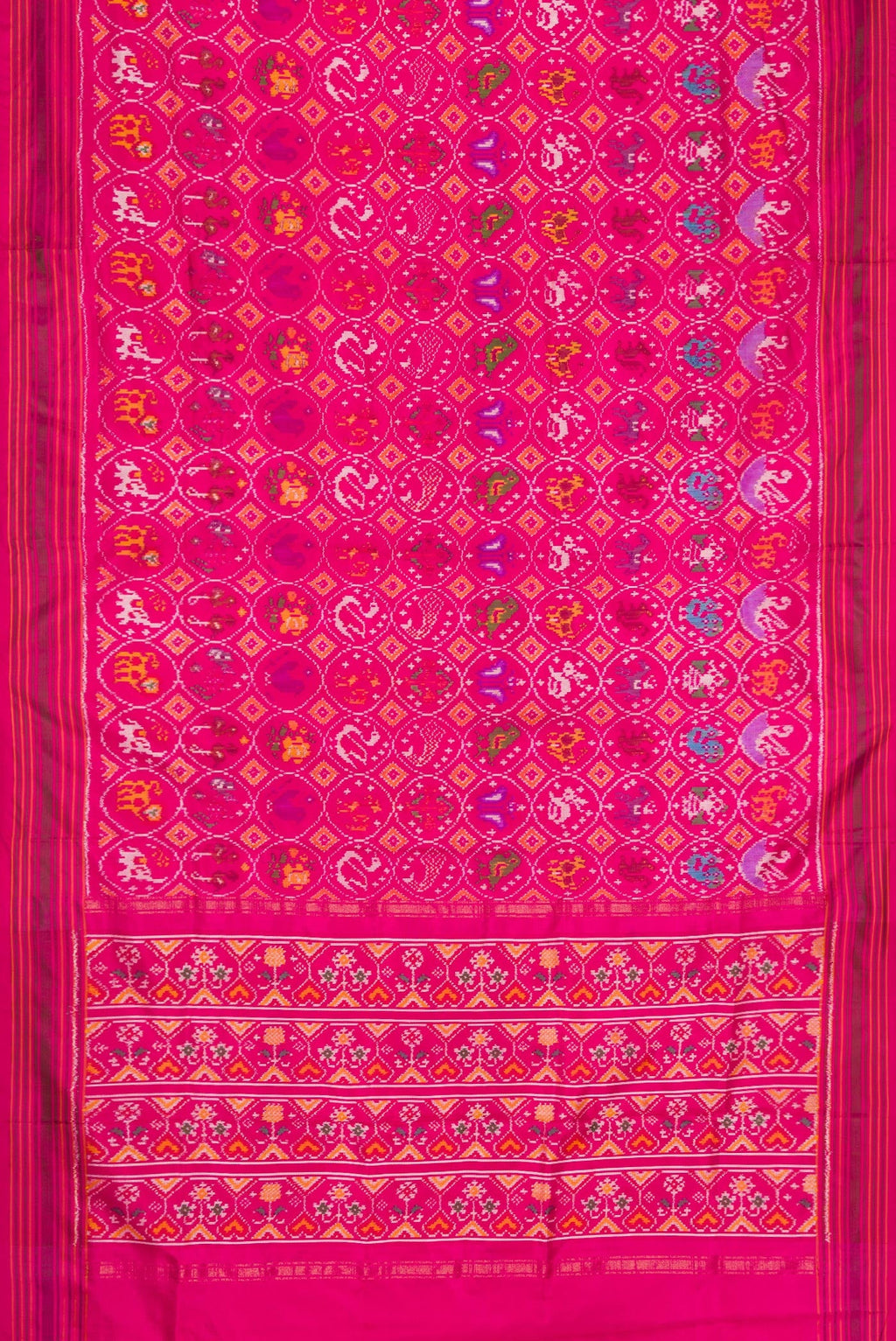 Flat view of Pink Dual Tone Double Ikat Saree with Ikat Print on the body and Ikat Border. 