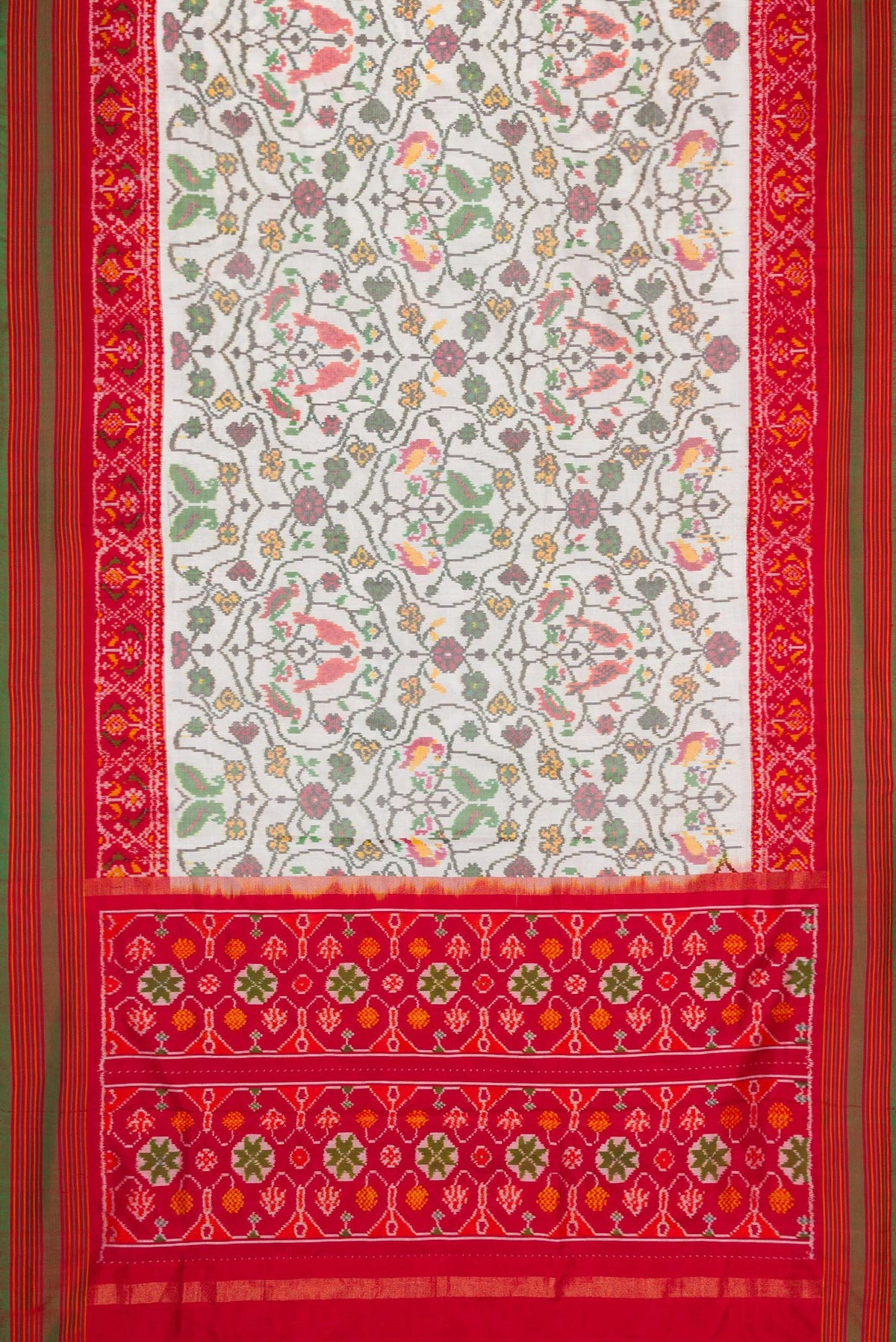 Flat view of Off White Dual Tone Double Ikat Saree with Ikat Print on the body and Ikat Border. 