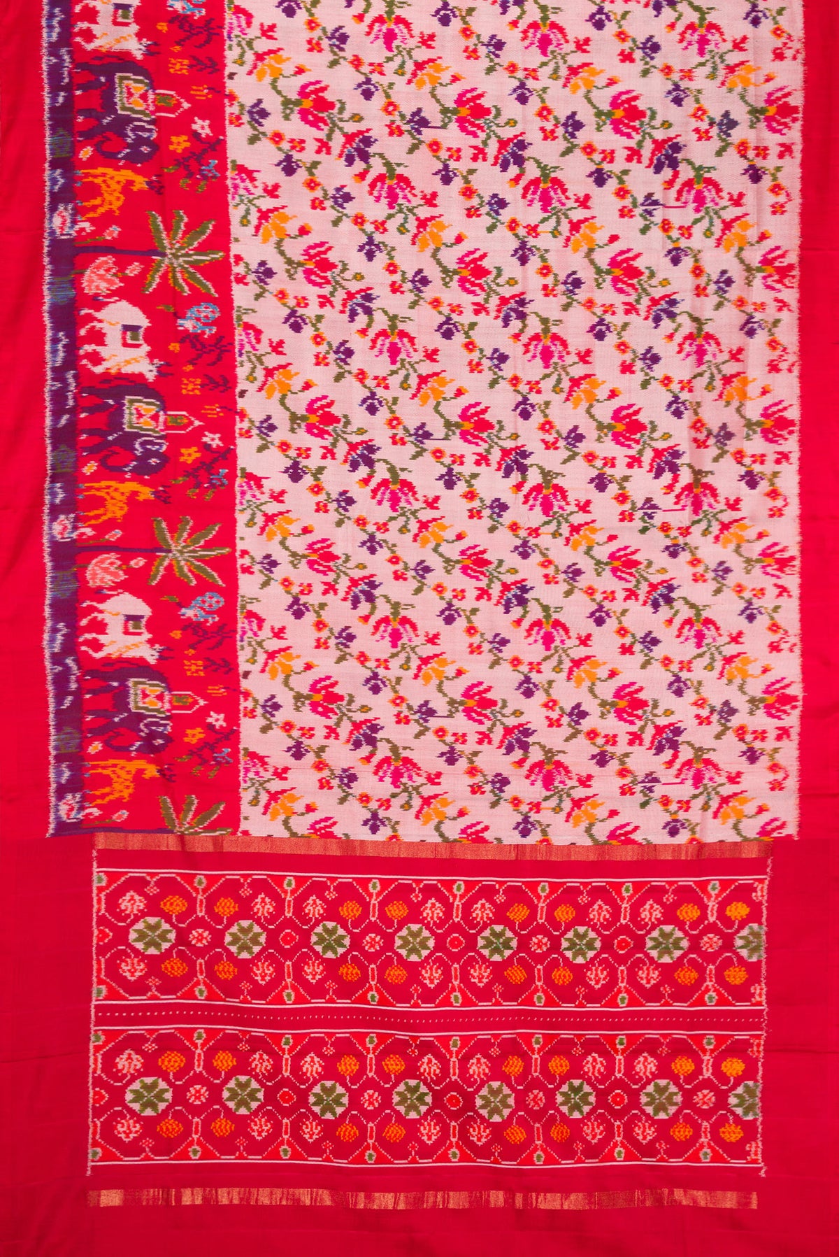 Flat view of Rose pink Double Ikat Saree with Pure Ikat on the body and Ikat Border. 