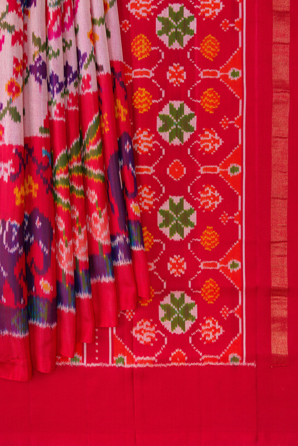 Pleats and pallu of Rose pink Double Ikat Saree with Pure Ikat on the body and Ikat Border. 