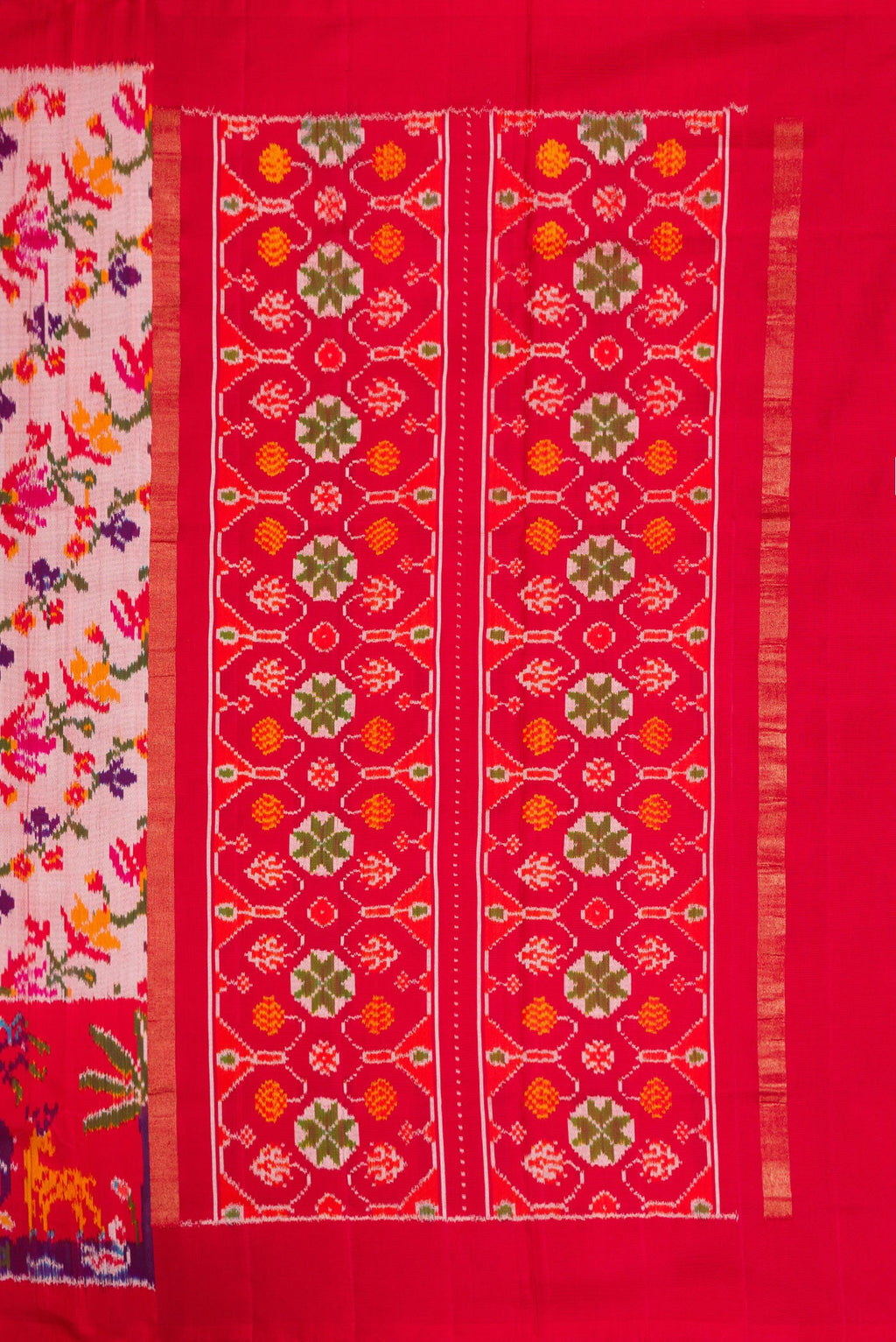 Close up image of the pallu of Pink Dual Tone Double Ikat Saree with Ikat Print on the body and Ikat Border. 
