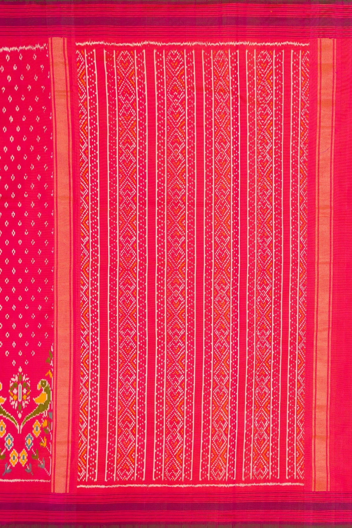 Close up image of the pallu of Pink Dual Tone Double Ikat Saree with Ikat Print on the body and Ikat Border. 