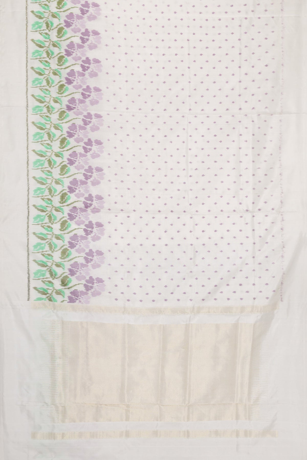 Flat view of Off White Dual Tone Double Ikat Saree with Ikat Print on the body and Ikat Border. 
