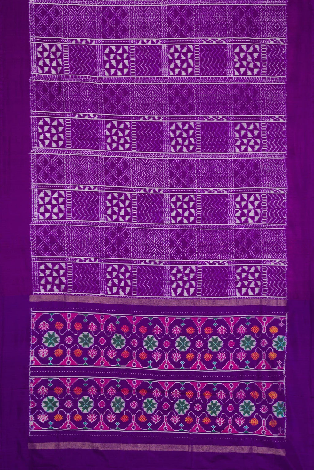 Flat view of Violet Dual Tone Double Ikat Saree with Ikat Print on the body and Plain Border. 