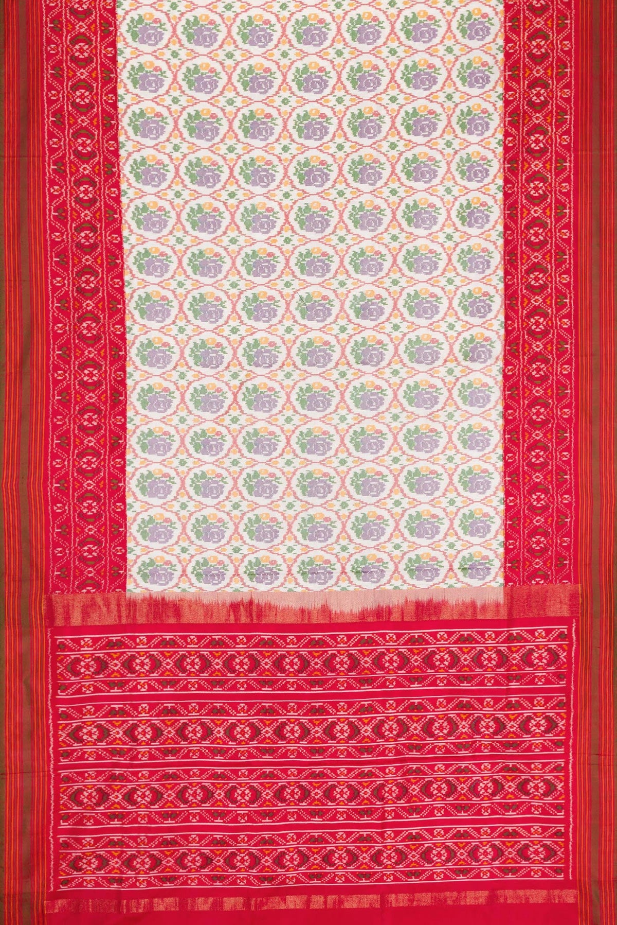 Flat view of Off White Dual Tone Double Ikat Saree with Ikat Print on the body and Ikat Border. 