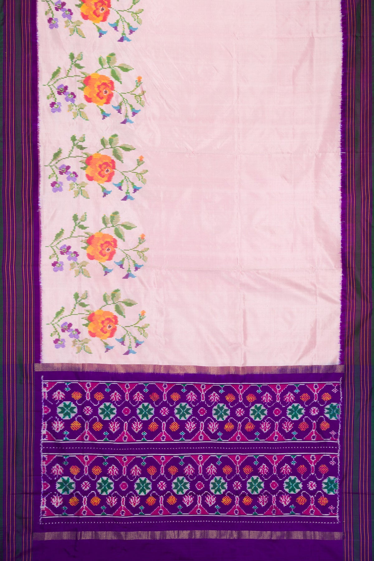 Flat view of Pink Double Ikat Saree with Plain Body and Ikat Border. 