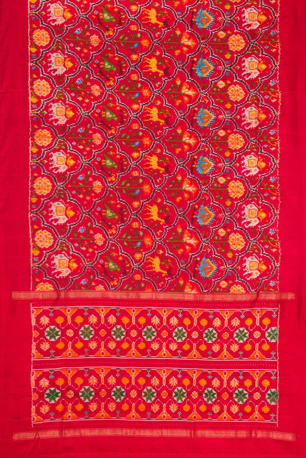 Flat view of Red Dual Tone Double Ikat Saree with Ikat Print on the body and Plain Border. 