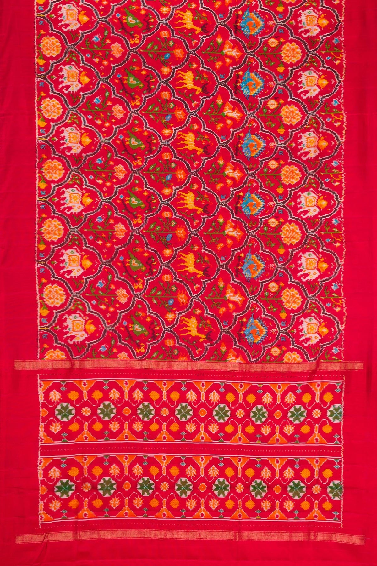 Flat view of Red Dual Tone Double Ikat Saree with Ikat Print on the body and Plain Border. 