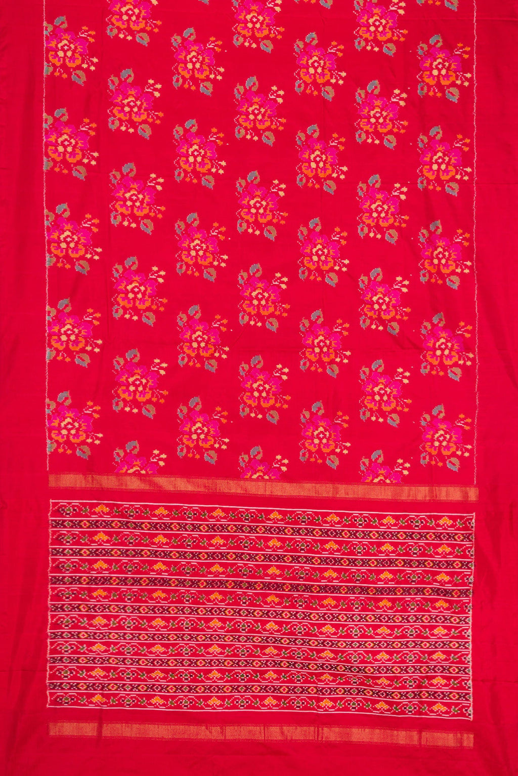 Flat view of Red Dual Tone Double Ikat Saree with Ikat Print on the body and Zari Border. 