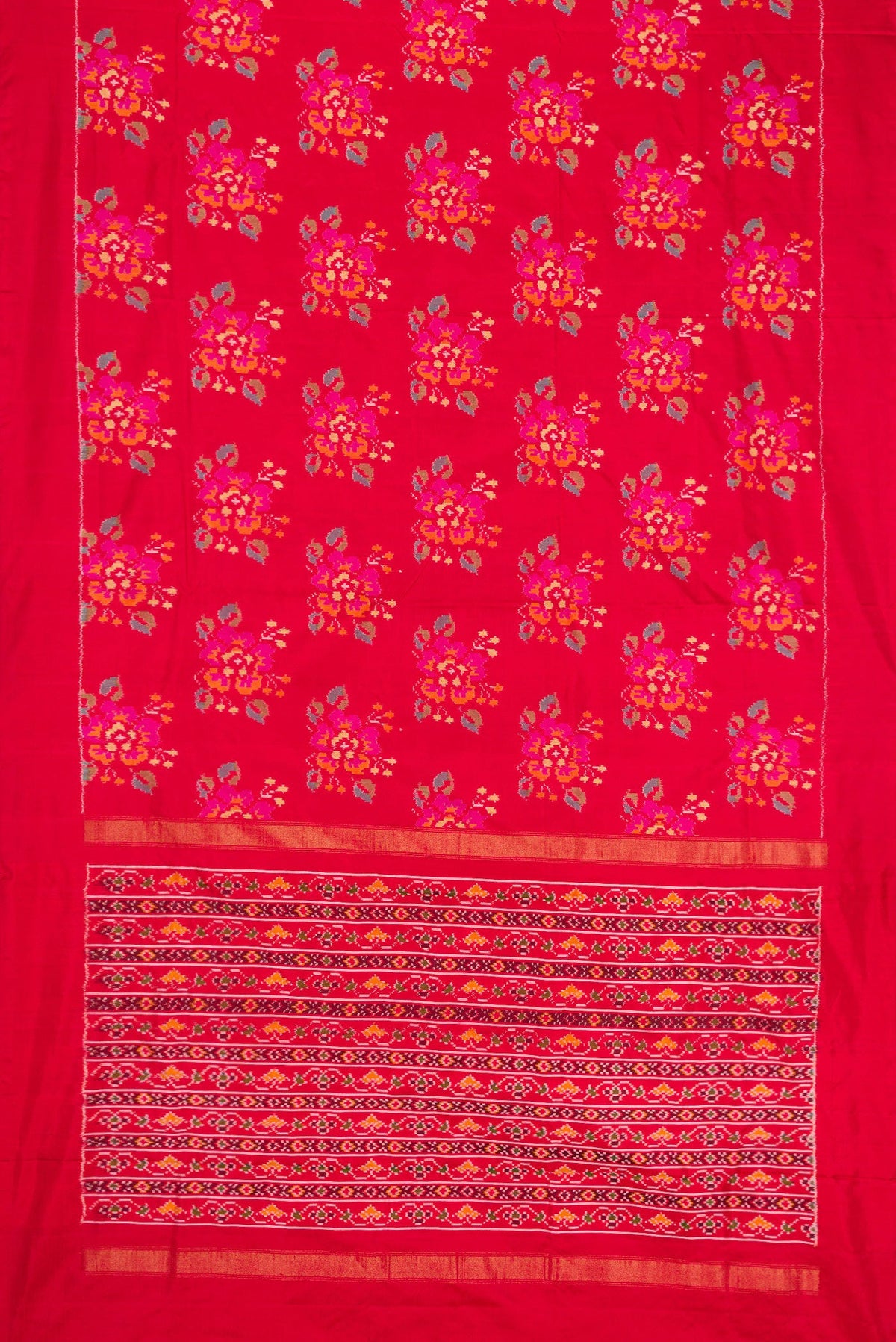 Flat view of Red Dual Tone Double Ikat Saree with Ikat Print on the body and Zari Border. 