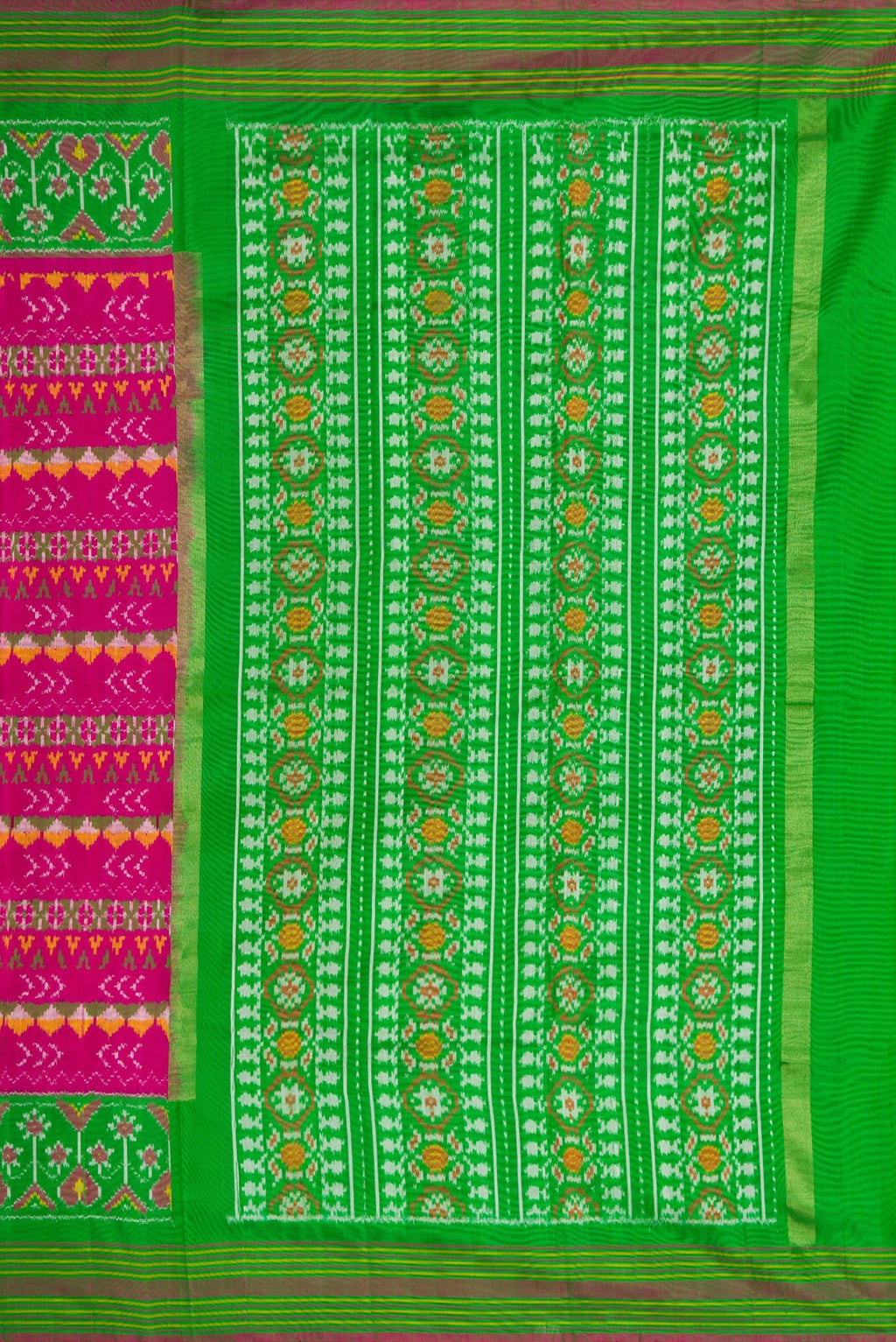 Close up image of the pallu of Pink Dual Tone Double Ikat Saree with Ikat Print on the body and Ikat Border. 