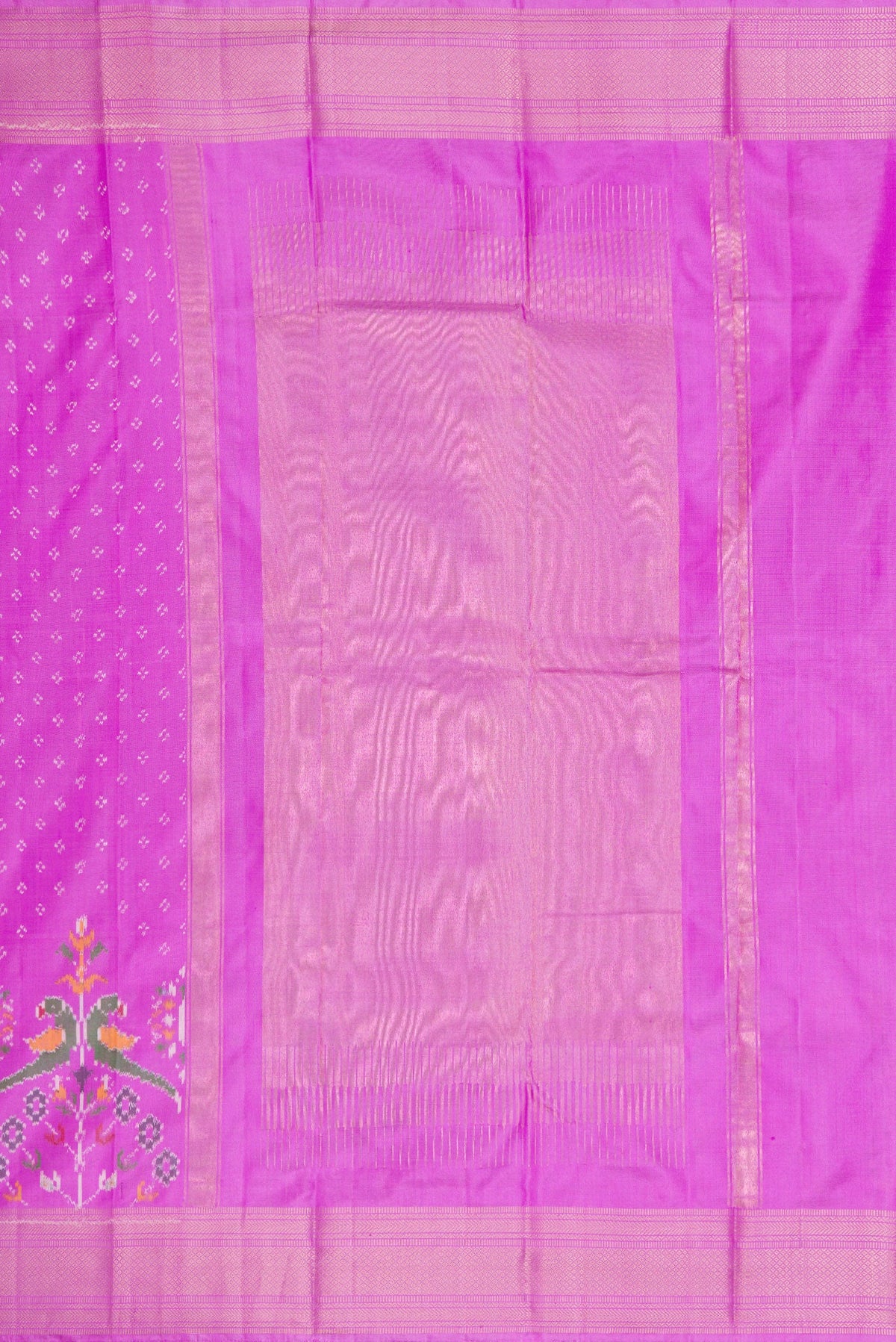 Close up image of the pallu of Pink Dual Tone Double Ikat Saree with Ikat Print on the body and Ikat Border. 