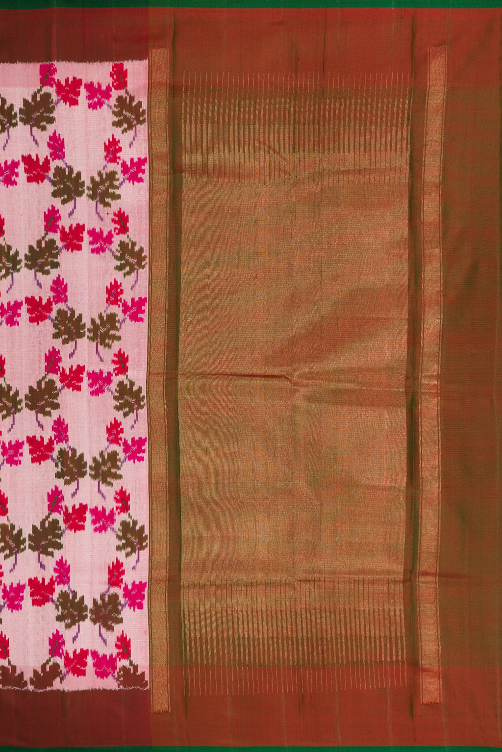 Close up image of the pallu of Pink Dual Tone Double Ikat Saree with Ikat Print on the body and Zari Border. 