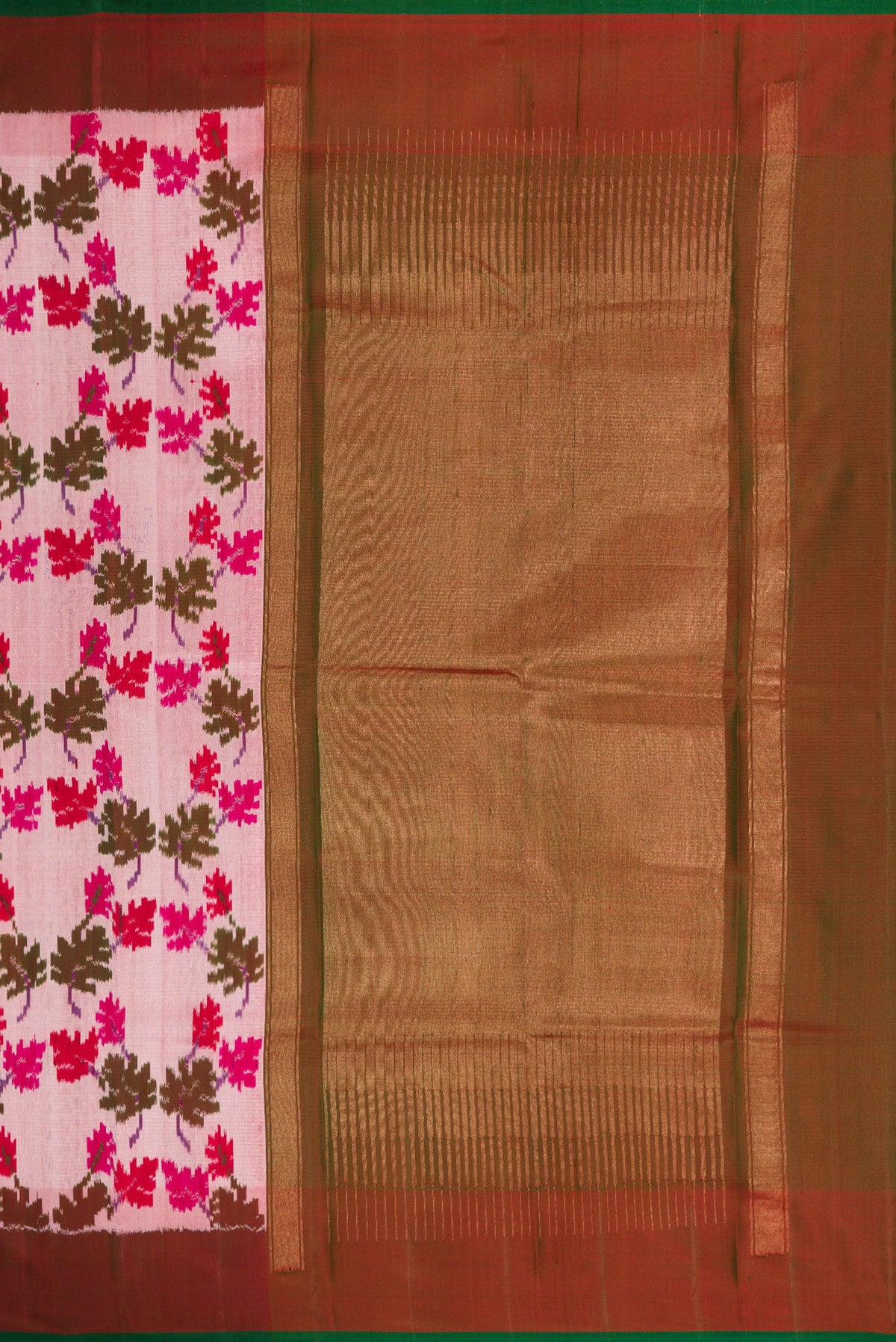 Close up image of the pallu of Pink Dual Tone Double Ikat Saree with Ikat Print on the body and Zari Border. 