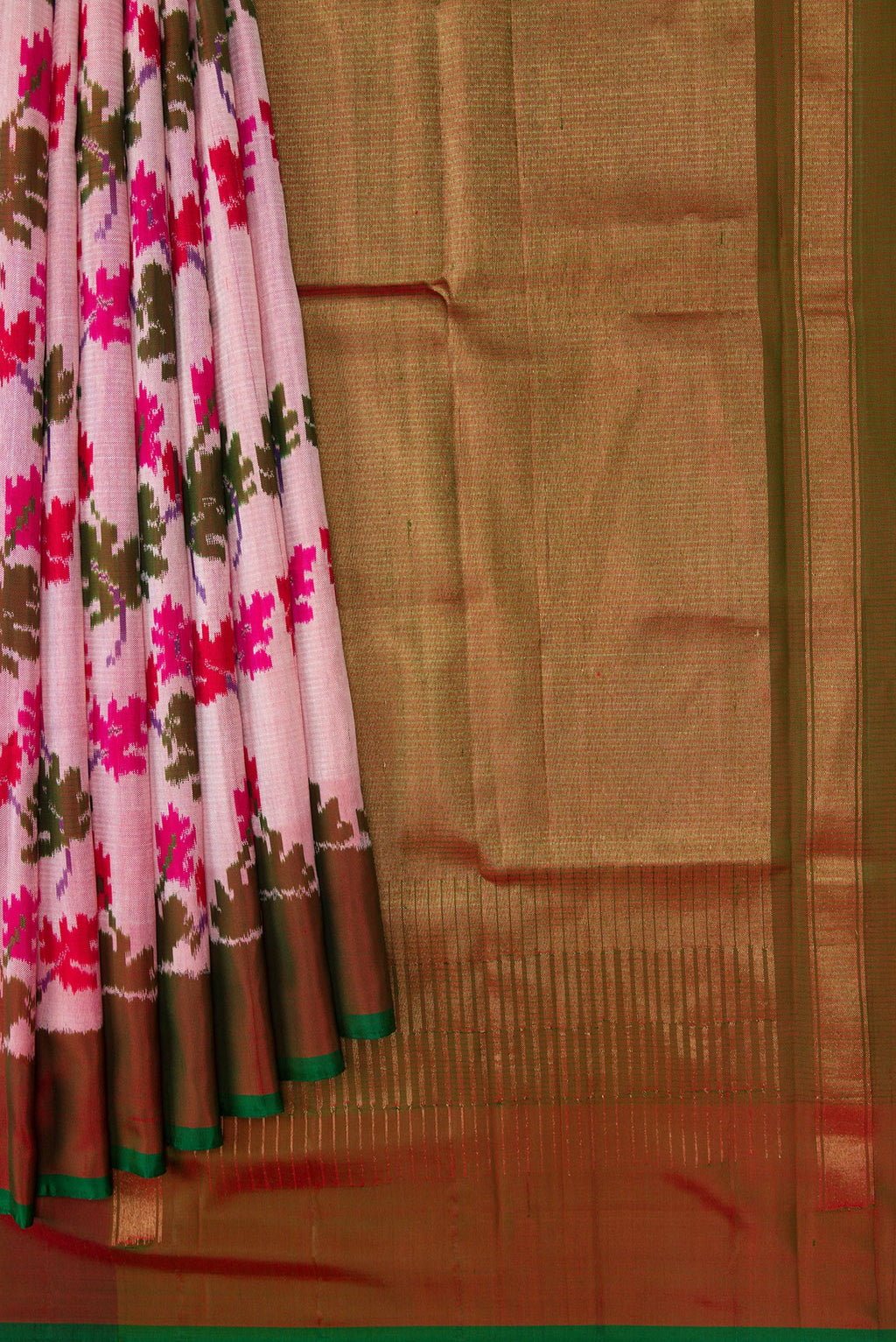 Pleats and pallu of Pink Dual Tone Double Ikat Saree with Ikat Print on the body and Zari Border. 