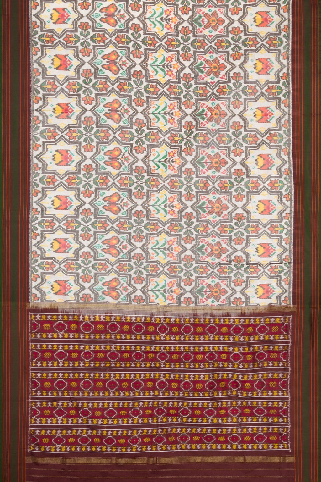 Flat view of Beige Dual Tone Double Ikat Saree with Ikat Print on the body and Thread Border. 