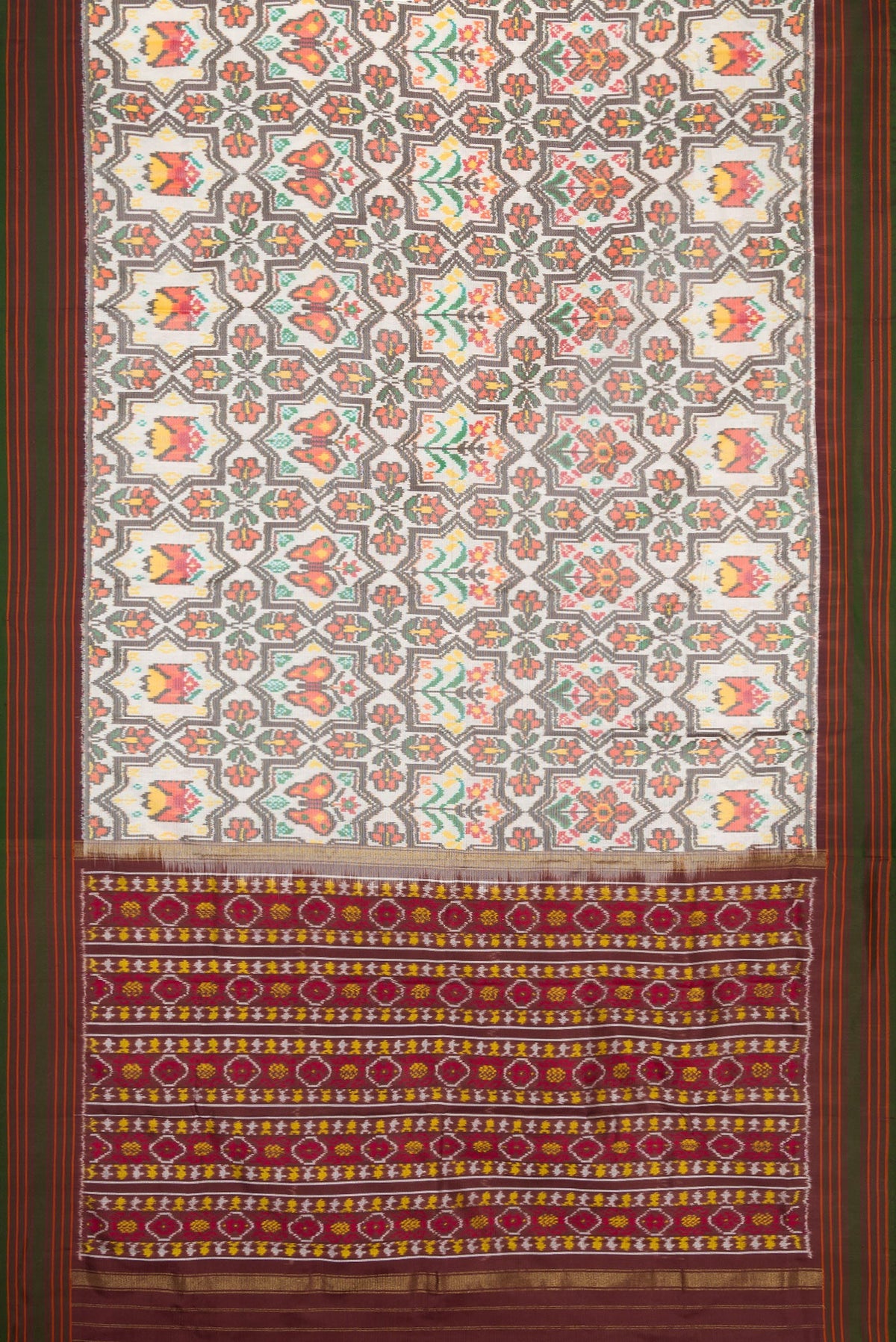 Flat view of Beige Dual Tone Double Ikat Saree with Ikat Print on the body and Thread Border. 