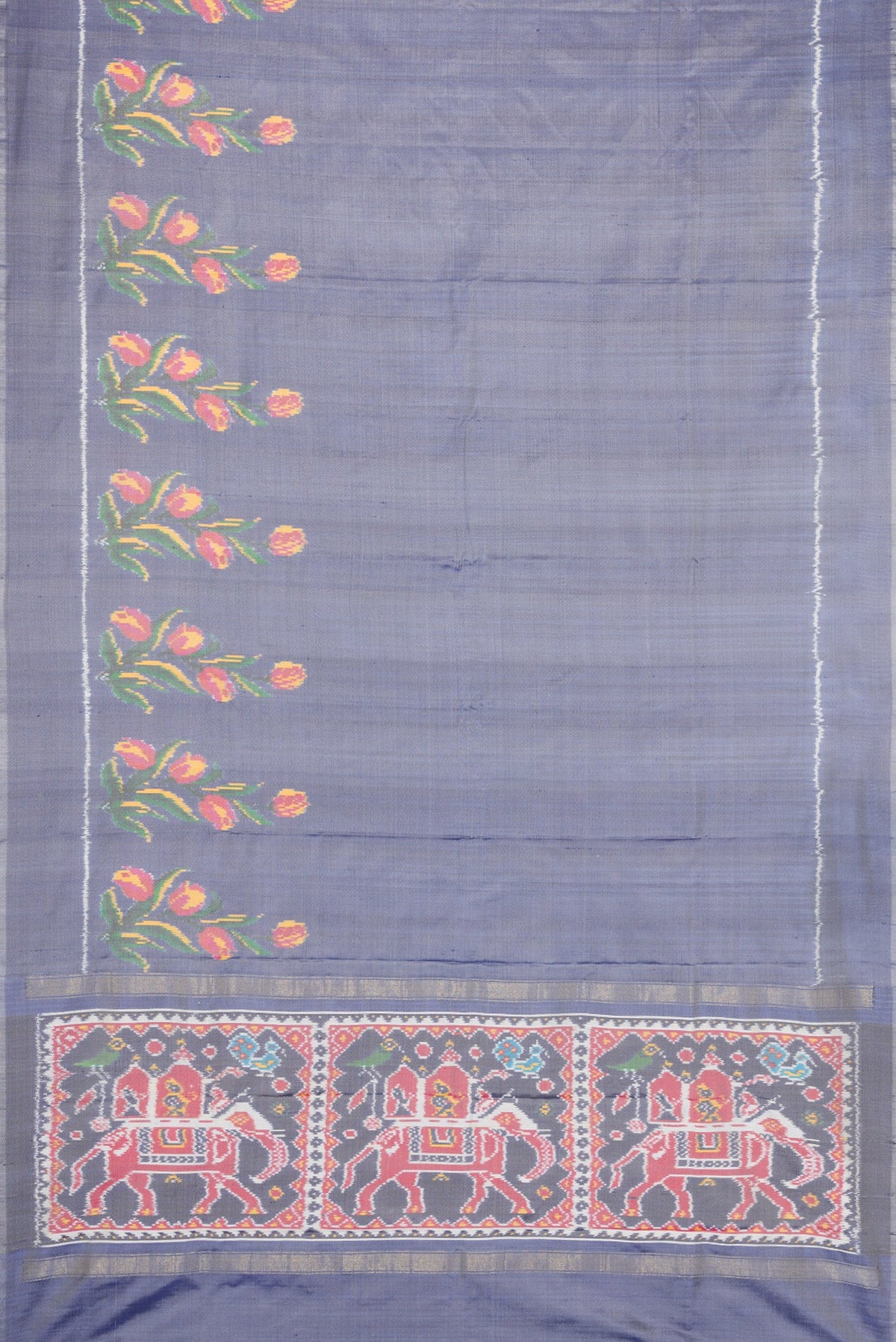 Flat view of Grey Dual Tone Double Ikat Saree with Plain Body and Fancy Border. 