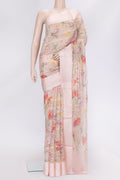 Rose Gold Dual Tone Organza Silk Saree with Stripes on the body and Thread Border.  displayed on a mannequin