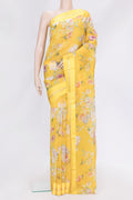 Yellow Dual Tone Organza Silk Saree with Printed design on the body and Zari Border.  displayed on a mannequin
