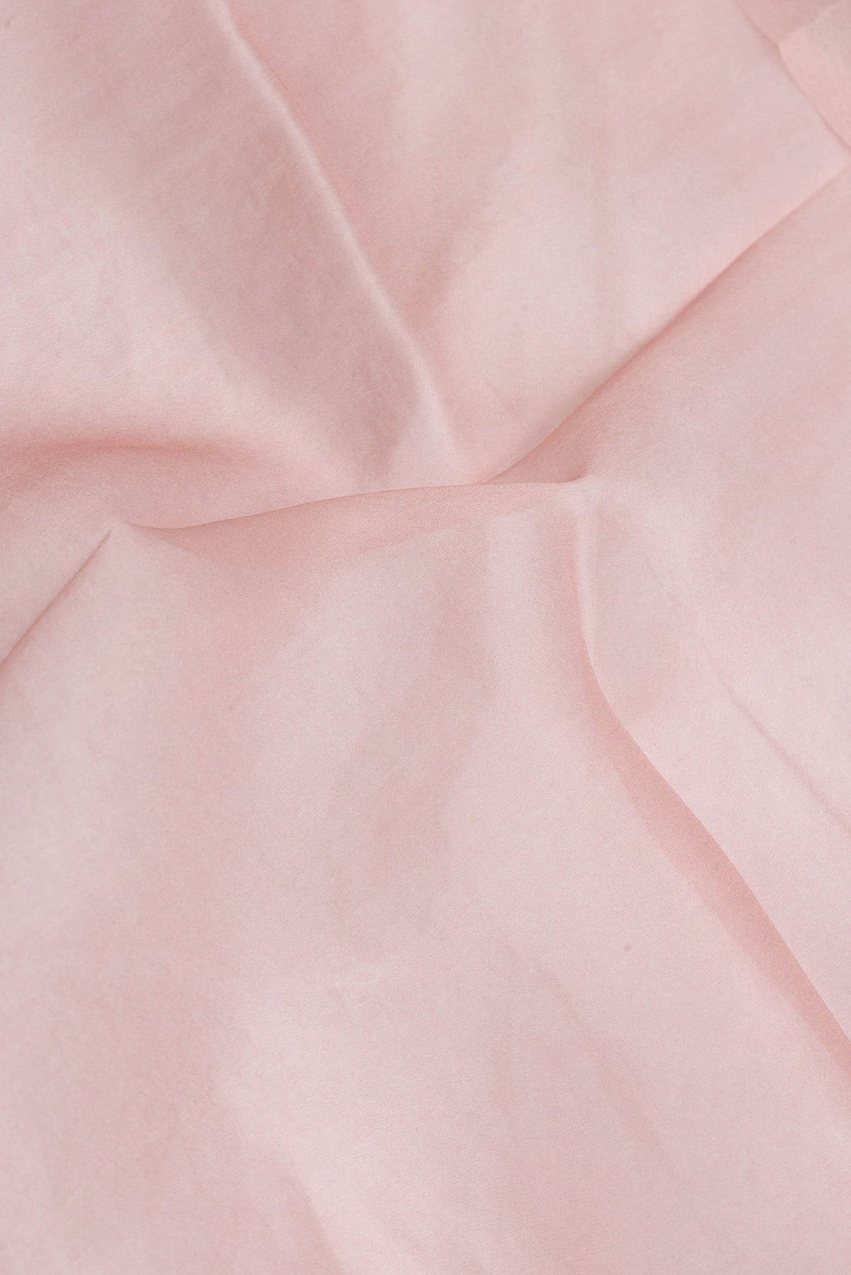 Close up of Rose Gold Dual Tone Organza Silk Saree with Plain Body and Printed Border.  displaying folds