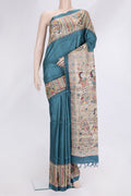 Sky Blue Dual Tone Tussar Silk Saree with Plain Body and Fancy Border.  displayed on a mannequin