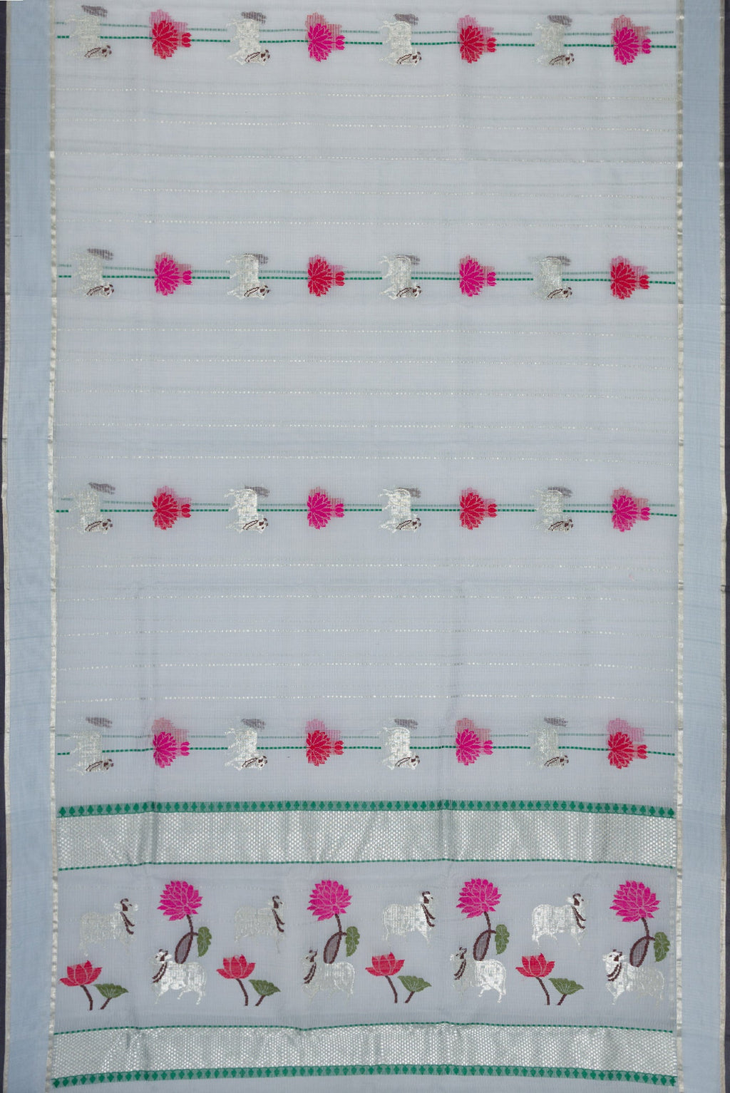 Flat view of Grey Dual Tone Kota Silk Saree with Checked design on the body and Zari Border. 