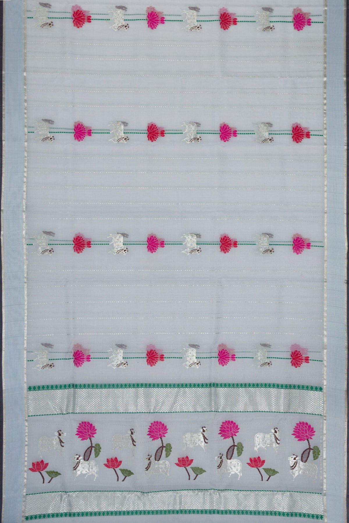 Flat view of Grey Dual Tone Kota Silk Saree with Checked design on the body and Zari Border. 