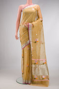 Sandal Dual Tone Kota Silk Saree with Zari And Thread Butta on the body and Zari Border.  displayed on a mannequin