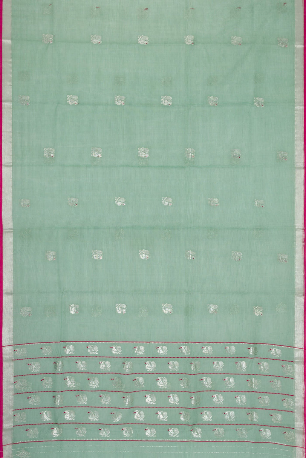 Flat view of Sea Green Dual Tone Kota Silk Saree with Zari Butta on the body and Zari Border. 