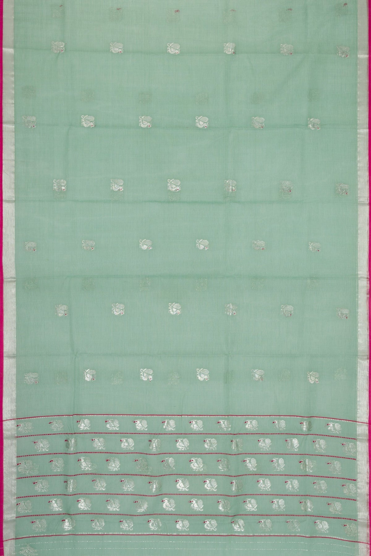 Flat view of Sea Green Dual Tone Kota Silk Saree with Zari Butta on the body and Zari Border. 