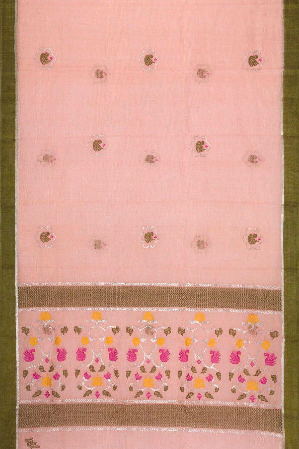 Flat view of Pink Dual Tone Kota Silk Saree with Zari And Thread Butta on the body and Zari Border. 